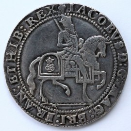 JAMES I 1623 -1624 JAMES I CROWN. 2nd coinage. King on horseback. Grass Ground Line Below Square topped shield MM LIS  NEF