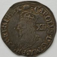 CHARLES I 1636 -1638 CHARLES I SHILLING TOWER MINT BUST 3A NO INNER CIRCLES REVERSE ROUND GARNISHED SHIELD MM TUN GVF