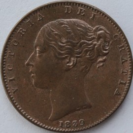 FARTHINGS 1839  VICTORIA TWO COLONS AFTER DEF UNC LUS