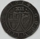 COMMONWEALTH 1654  COMMONWEALTH SHILLING CO-JOINED SHIELDS 'NS'OVER INVERTED 'NS' ON OBV. MM SUN VERY RARE VF